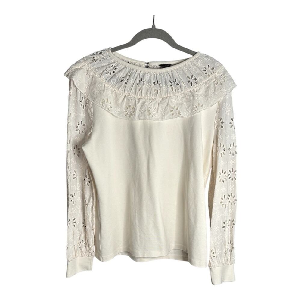 Ann Taylor White Blouse With Eyelet Sleeves & Neckline Large